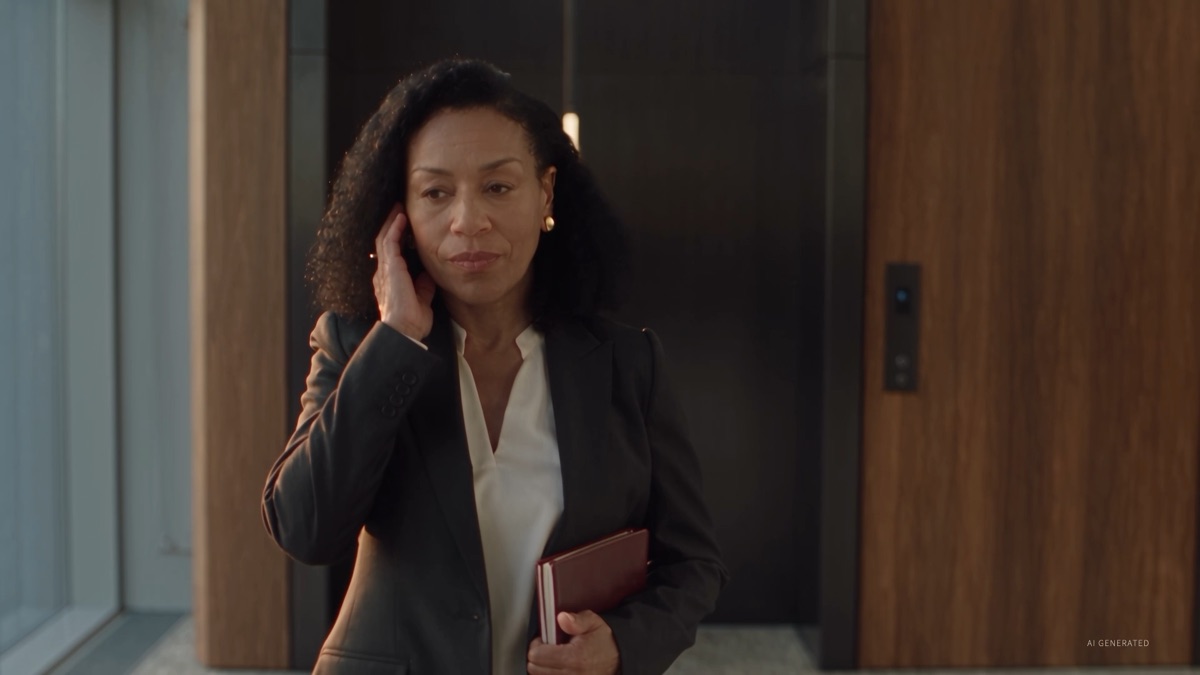 A partner leader listens intently during a call in an office corridor