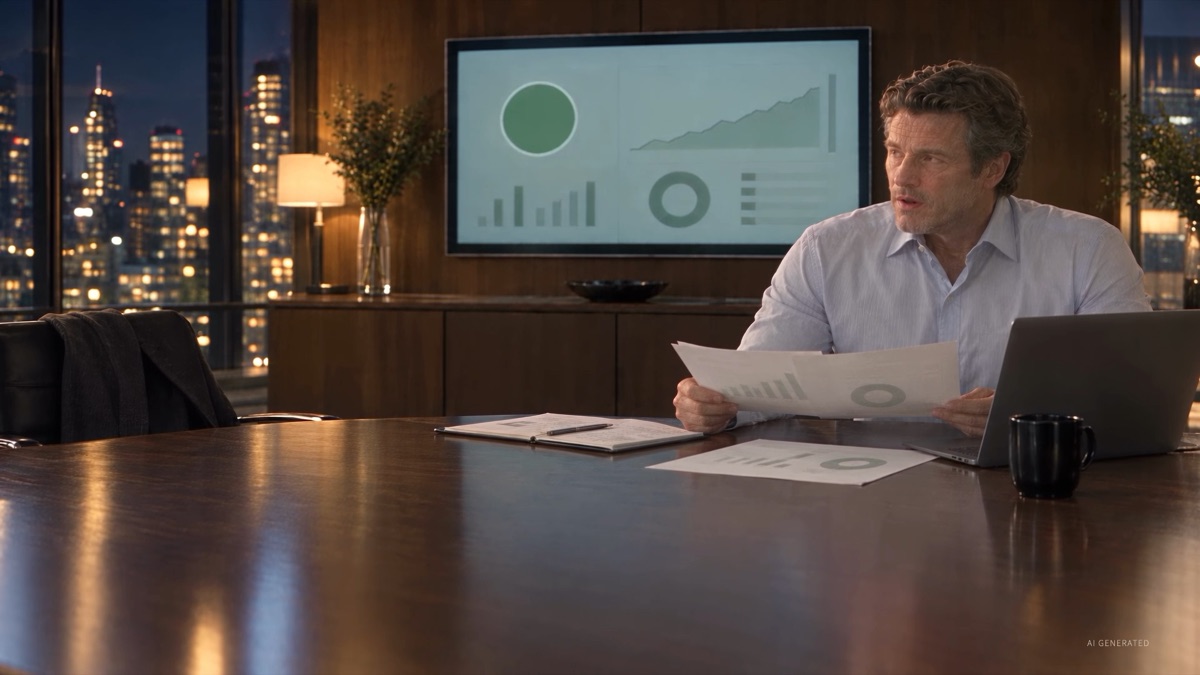 An executive studies a green dashboard alone in a dark boardroom