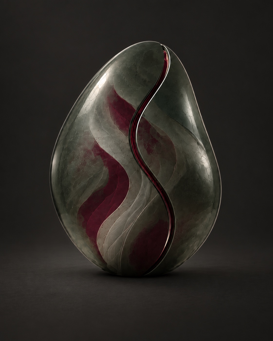 Closed smoked-glass melon sculpture with a subtle view of its Oxblood interior