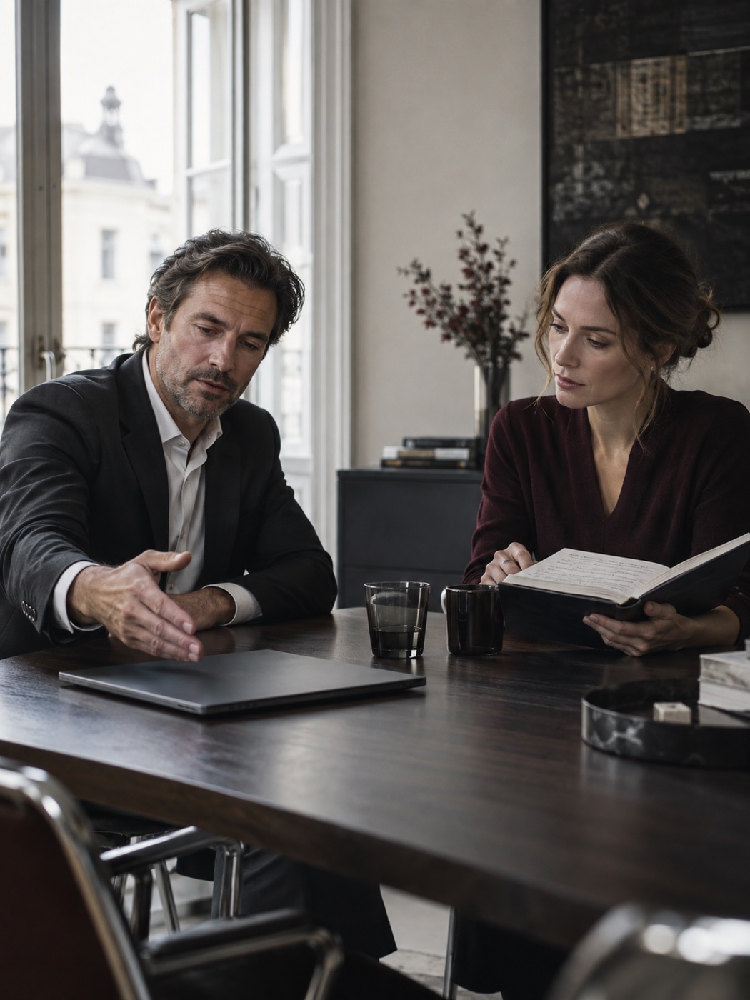 Two business people at one table with visibly different expectations