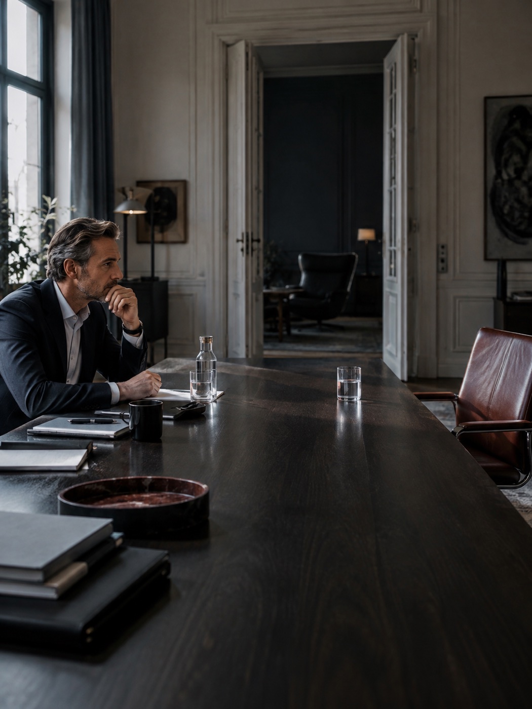 An executive waiting at a meeting table opposite an empty chair
