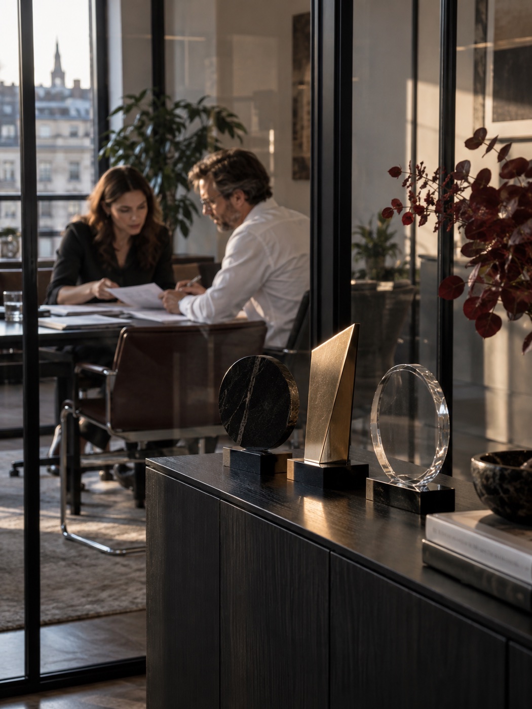 Partner awards in the foreground while a team works beyond the glass